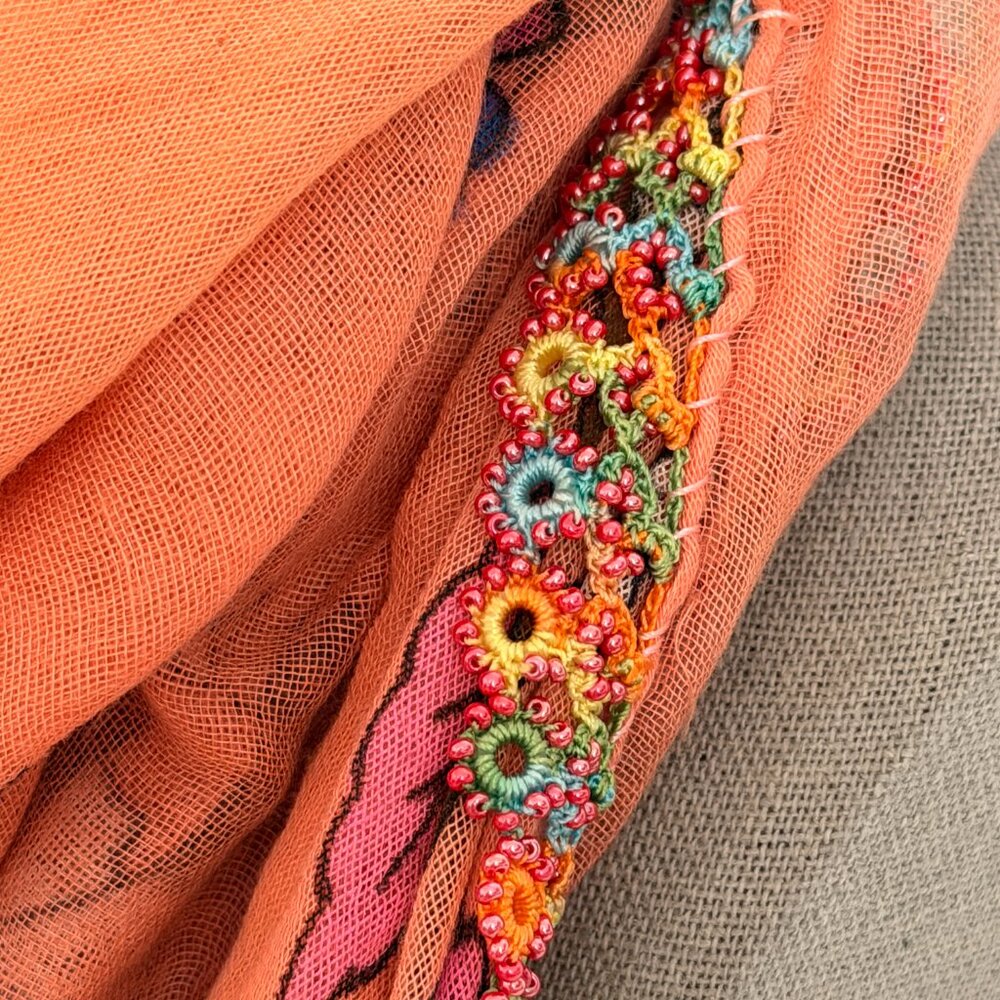 Collectable Traditional Turkish Vintage 1940s-1950s Oya Scarf Peach w Multi Col - Picture 6 of 8